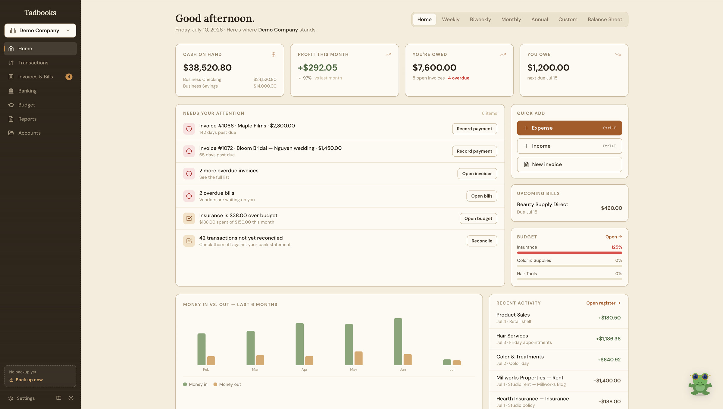 The Tadbooks home screen: cash on hand, profit this month, needs-your-attention list, and a money in vs. out chart